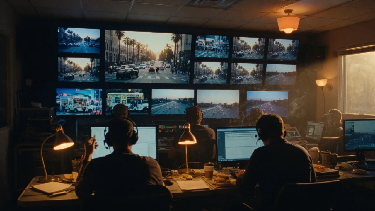Broadcast production control room with a wall of monitors showing city street scenes