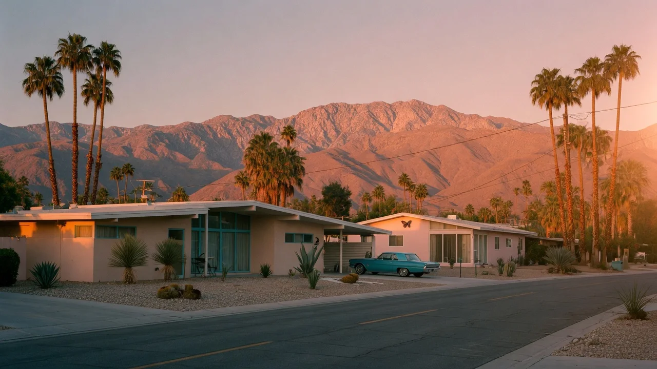 Palm Springs desert street with mountains at golden hour