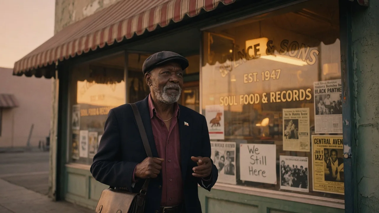 Documentary portrait of a neighborhood historian in front of a legacy storefront