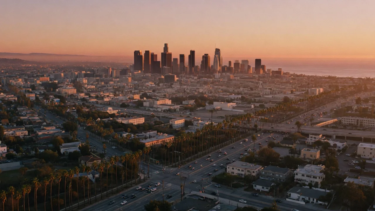 Aerial view of the Los Angeles basin at golden hour, downtown skyline in warm haze