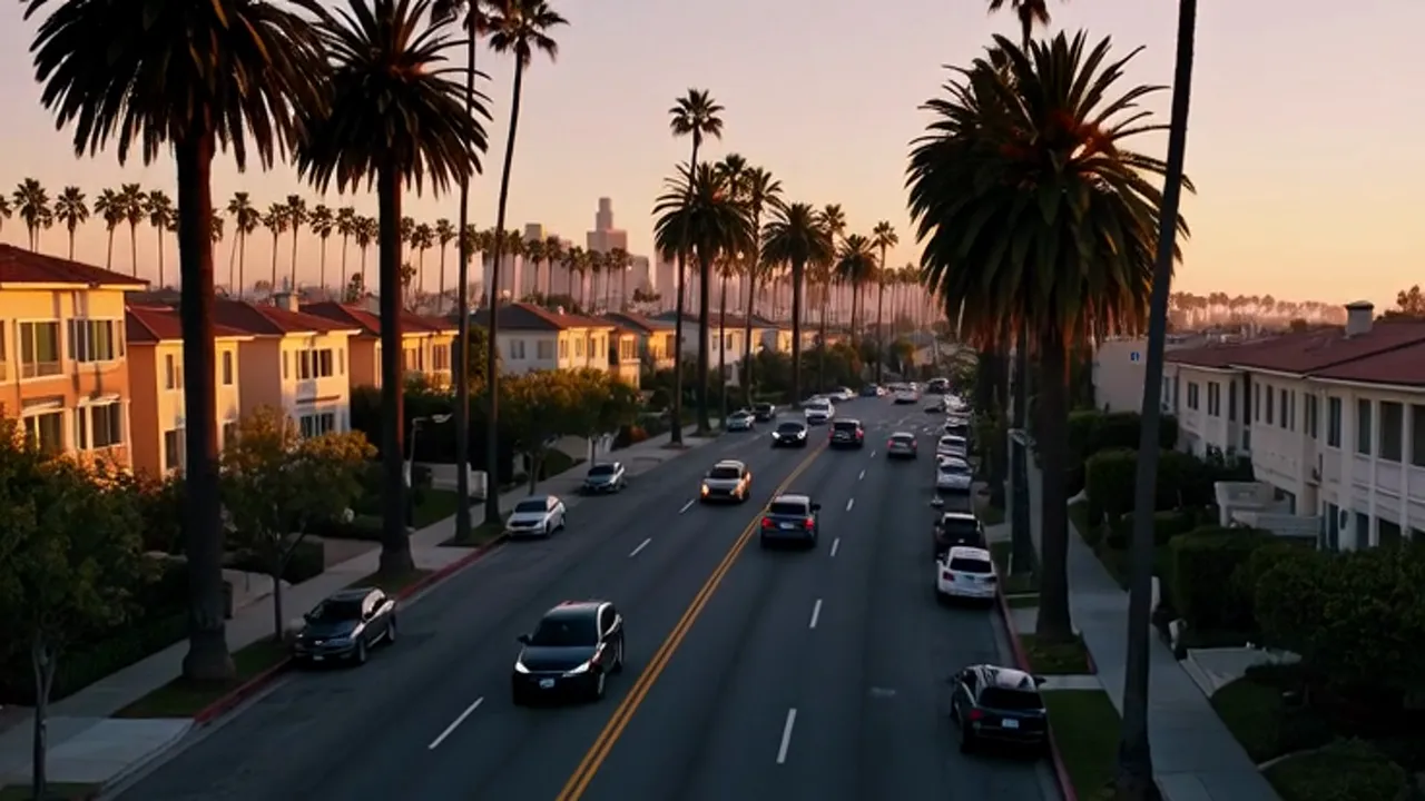 Aerial descent toward Los Angeles neighborhoods at golden hour